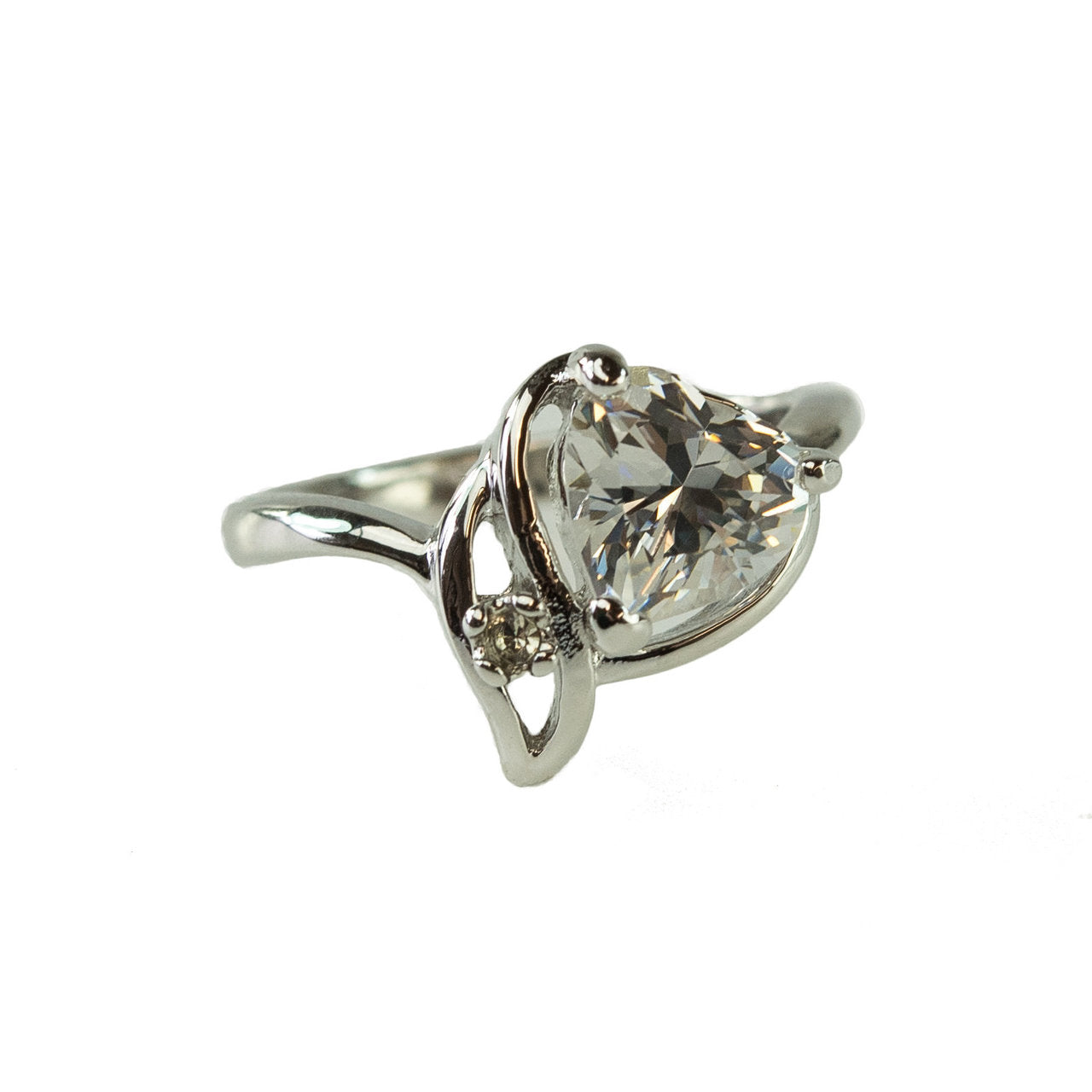 Vintage Cubic Zirconia Heart Ring 18k White Gold Electroplated Made in USA