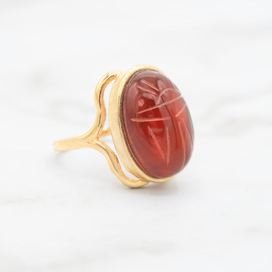 Vintage 1970s Scarab Beetle Genuine Carnelian Stone Yellow Gold Electroplated Ring Made in USA