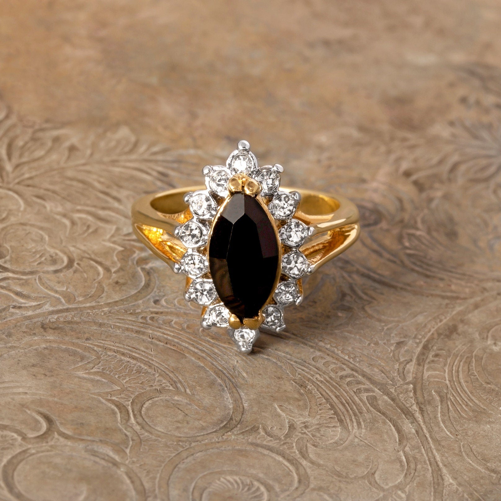 Vintage Black and Clear Austrian Crystals 18k Yellow Gold Plated Ring  R1891