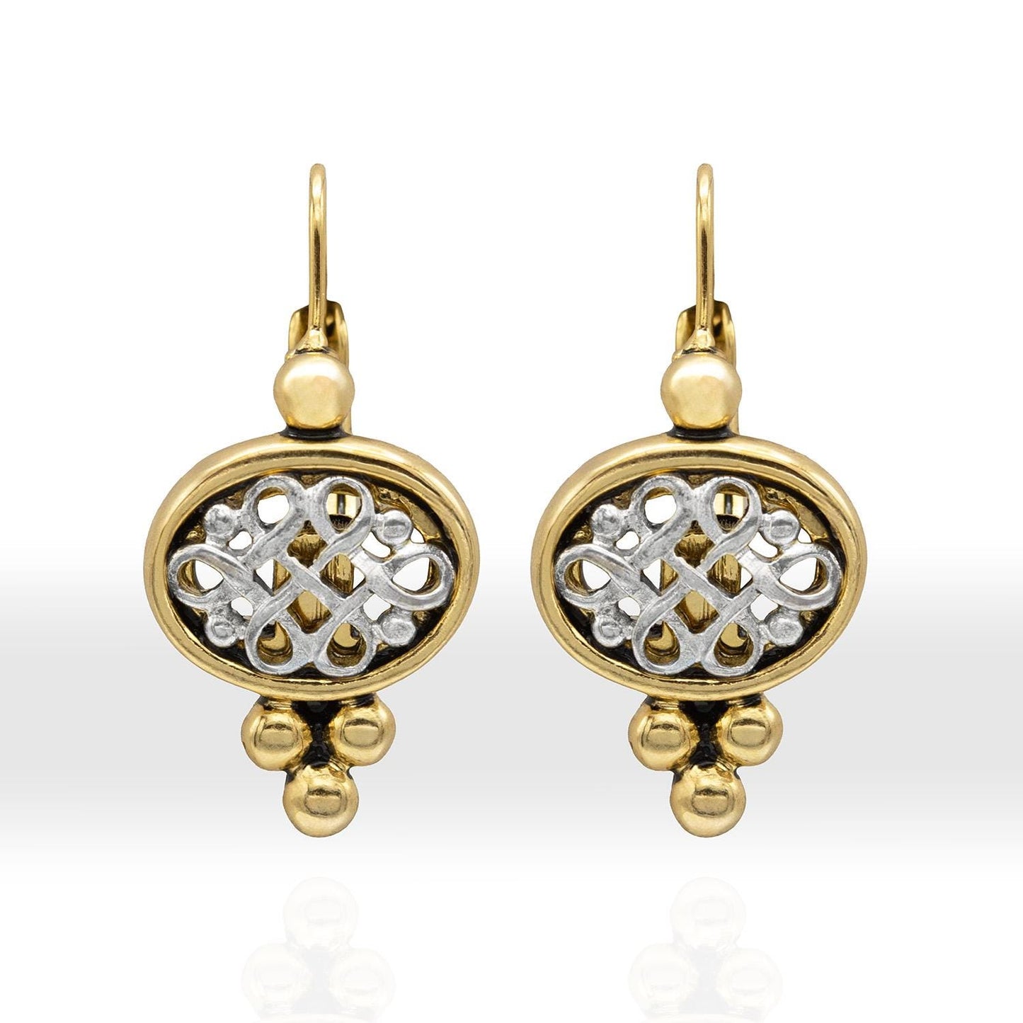 Womens Vintage Oscar De La Renta Dangle Earrings Yellow & White Gold Plated Filigree Lever Backs Women's Jewelry Small Designer Drop Earring