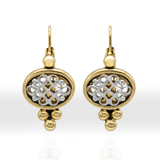 Womens Vintage Oscar De La Renta Dangle Earrings Yellow & White Gold Plated Filigree Lever Backs Women's Jewelry Small Designer Drop Earring