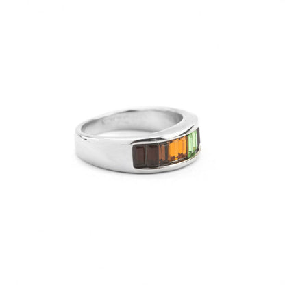 Vintage Ring Multi Colored Rainbow Style Austrian Crystals 18k White Gold Electroplated Made in USA