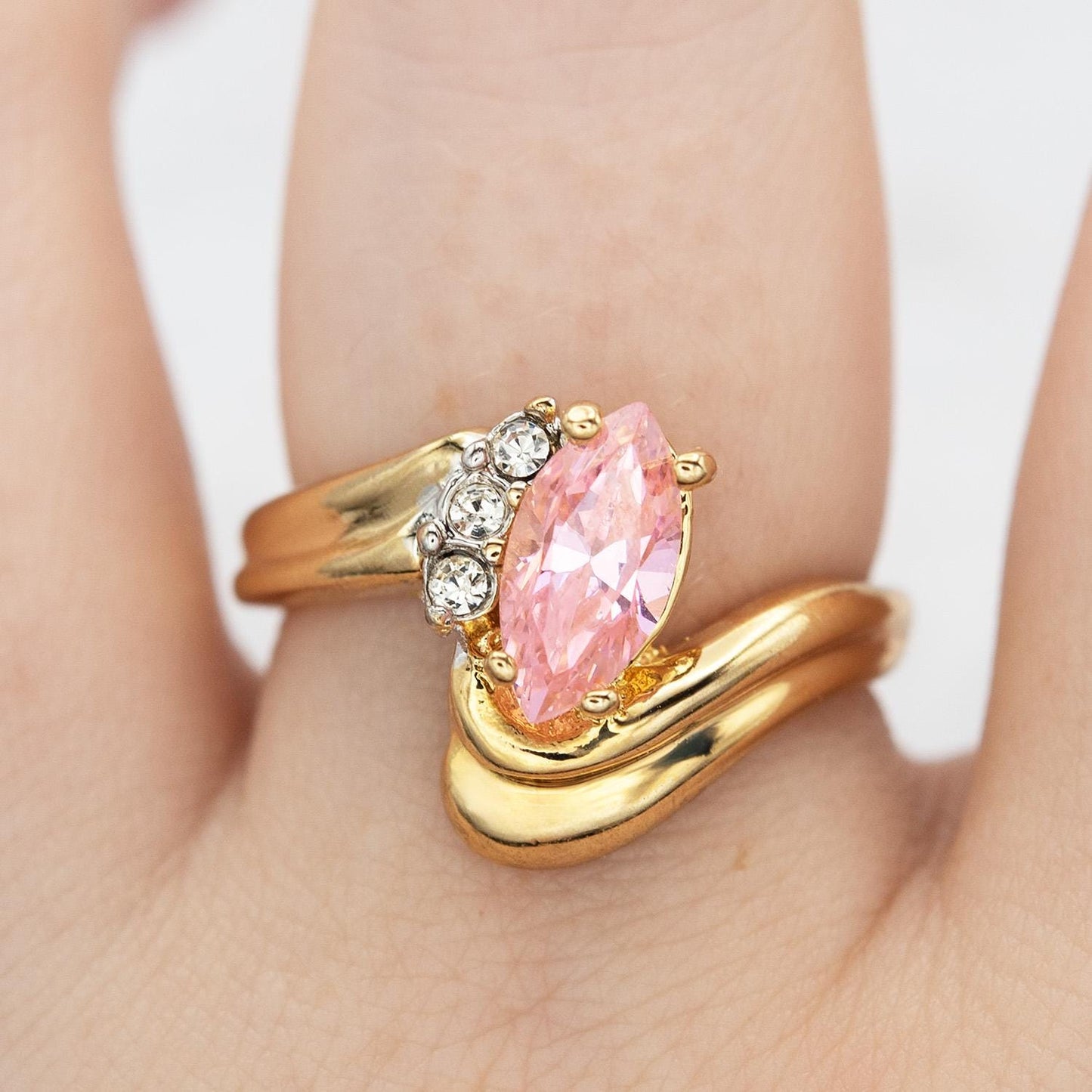 Womens Vintage 18k Gold Electroplated Ring Marquise Pink Tourmaline Cubic Zirconia and Crystal October Birthstone Ring