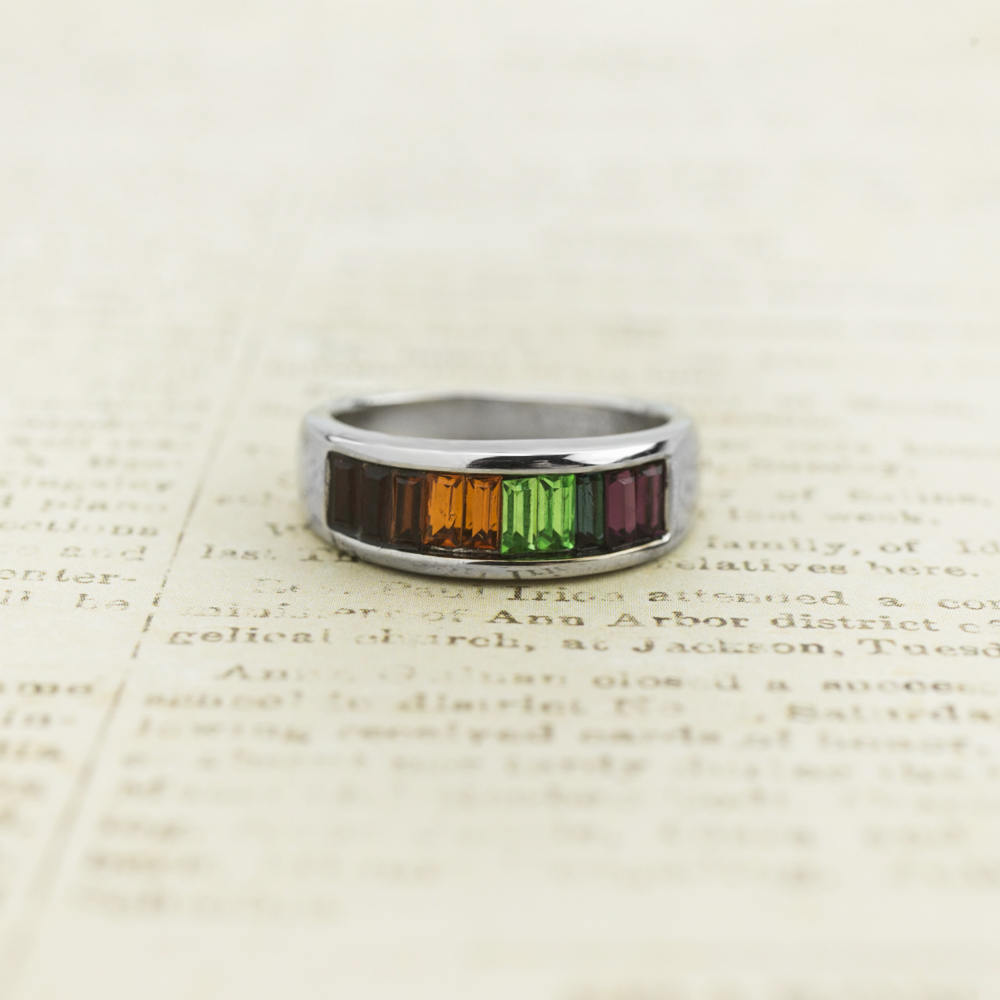 Vintage Ring Multi Colored Rainbow Style Austrian Crystals 18k White Gold Electroplated Made in USA