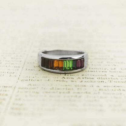 Vintage Ring Multi Colored Rainbow Style Austrian Crystals 18k White Gold Electroplated Made in USA