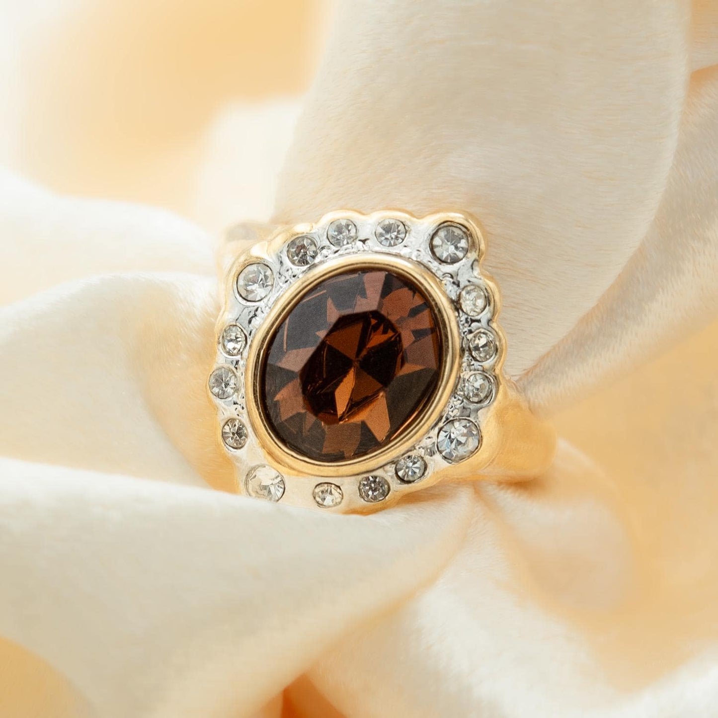 18k Gold Electroplated Smoke Topaz Crystal Girls November Birthstone Ring Vintage Victorian Design with Austrian Crystals