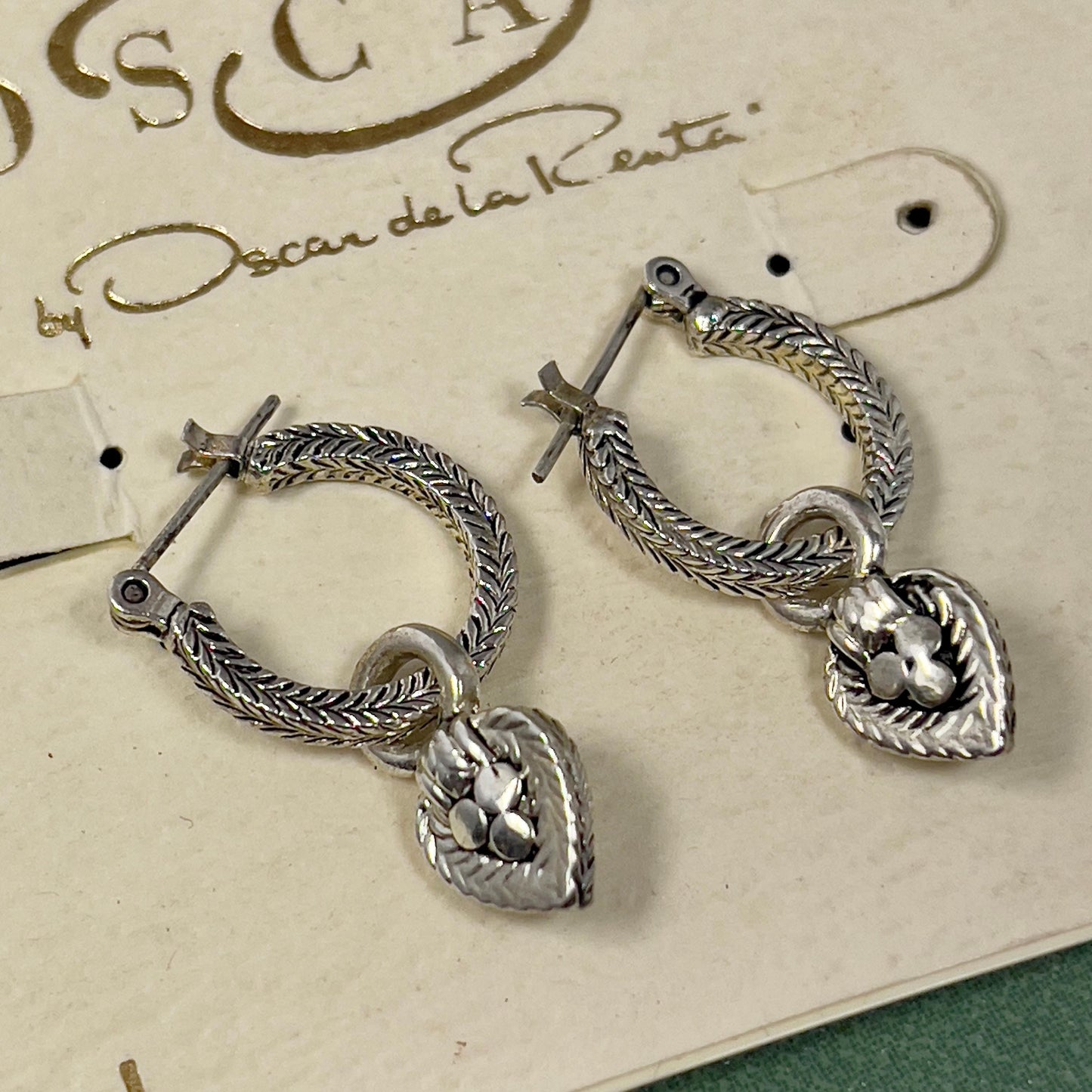 Vintage Oscar De La Renta Antiqued White Gold Tone Textured Hoops with Removable Dangling Heart Charms Earrings