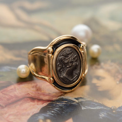 Women's Vintage Cameo Ring 18k Gold Electroplated Hand-Painted Black Oxidized Victorian Lady Face Jewelry Antique Rings Jewelry for Women