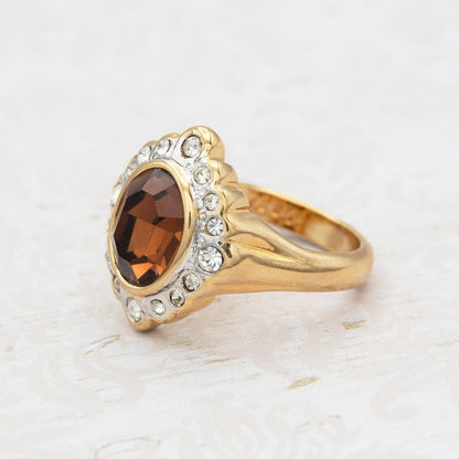 18k Gold Electroplated Smoke Topaz Crystal Girls November Birthstone Ring Vintage Victorian Design with Austrian Crystals