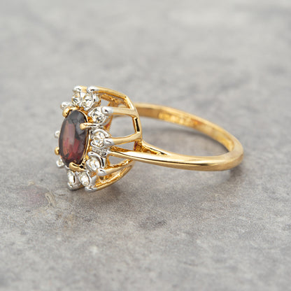 Vintage Genuine Garnet and Clear Austrian Crystals Women's Ring 18kt Gold Electroplated R617 January Birthstone