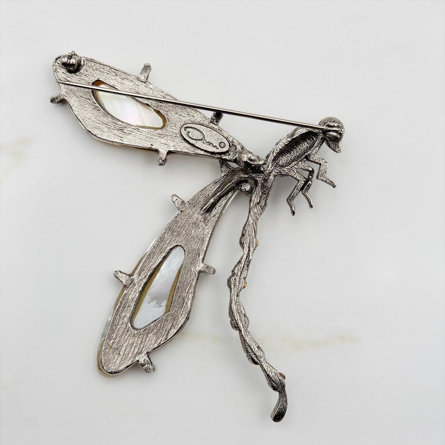 Vintage Oscar de la Renta Mother of Pearl Dragonfly Brooch Antiqued White Gold Pin with Mother of Pearl Wings