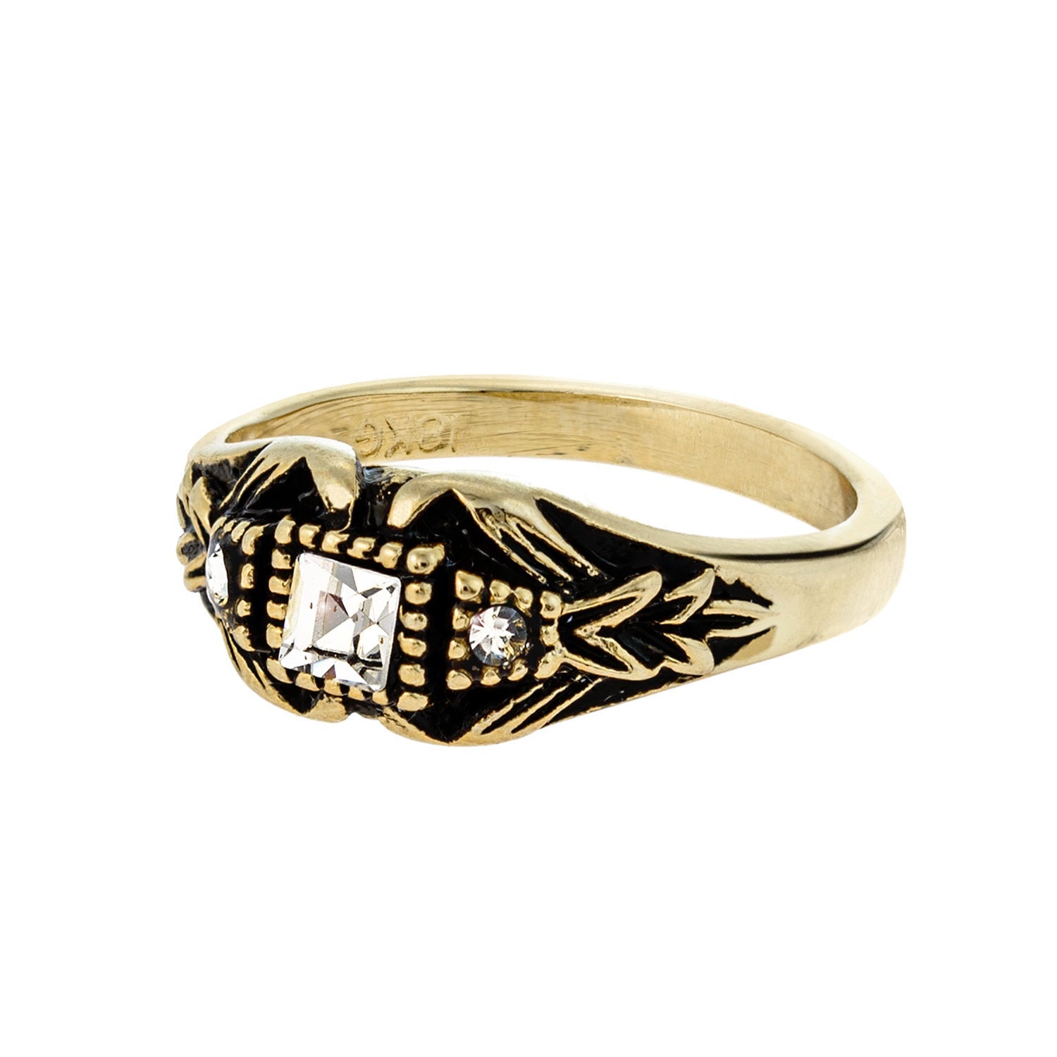 Vintage Ring set with Clear Austrian Crystals Antiqued 18k Yellow Gold Electroplated