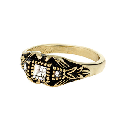 Vintage Ring set with Clear Austrian Crystals Antiqued 18k Yellow Gold Electroplated