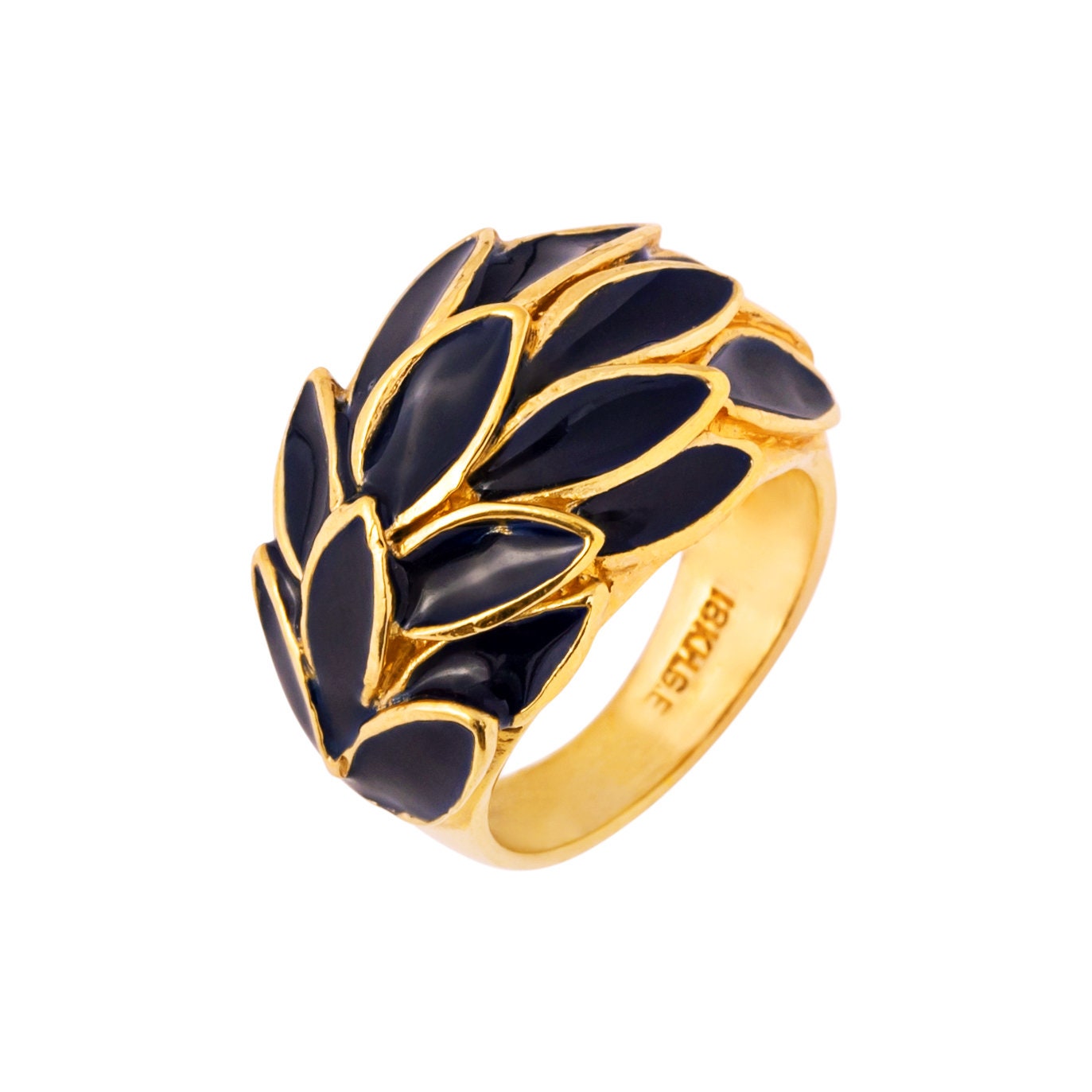 Vintage 1970s Deep Blue Enamel Leaf Motif 18k Gold Electroplated Ring Made in USA #R1933