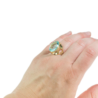 Vintage Cocktail Ring Aquamarine Oval Cut Austrian Crystal 18k Yellow Gold Electroplated
