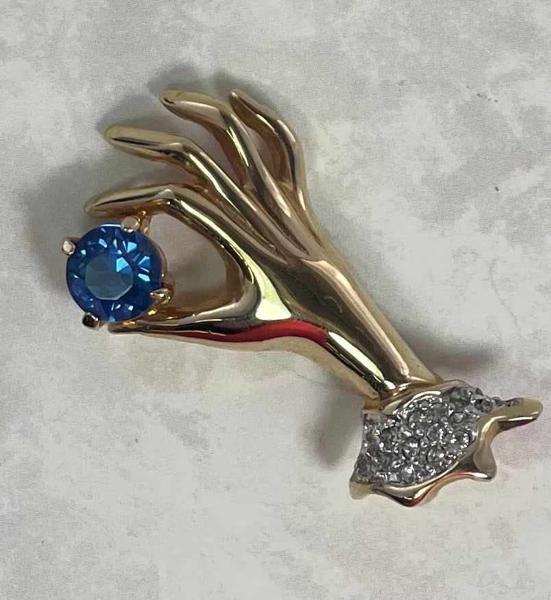 Vintage Brooch Victorian Era Pin Clear Ladies Hand Design Blue Sapphire Cubic Zirconia Antique Womans Jewelry | PVD Vintage Jewelry