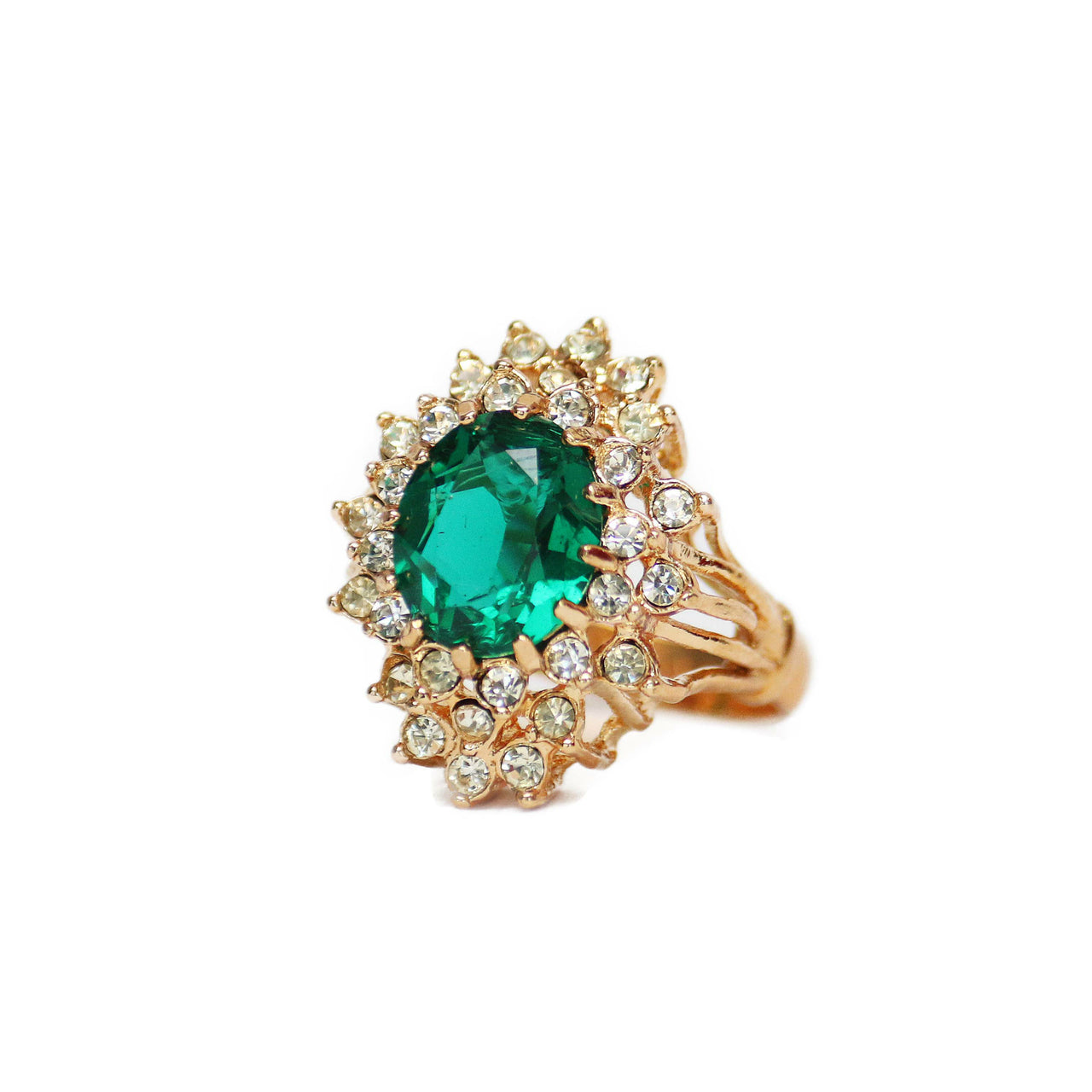 Vintage Emerald and Clear Austrian Crystal Cocktail Ring 18k Yellow Gold Electroplated May Birthstone