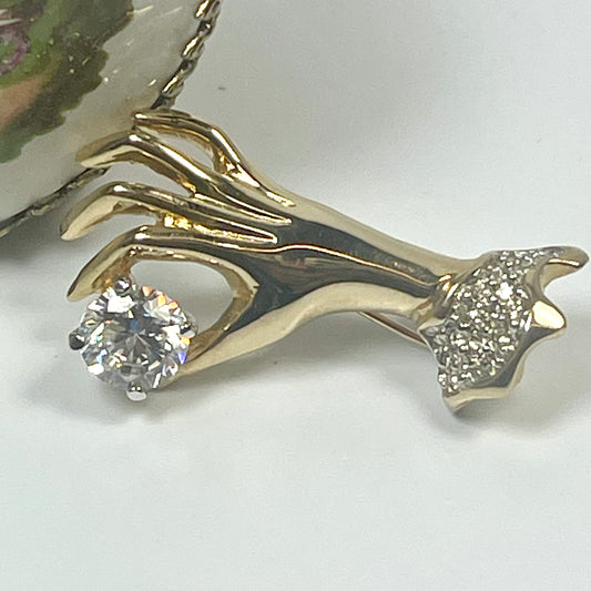 Vintage Brooch Victorian Era Pin Clear Ladies Hand Design Blue Sapphire & Clear Cubic Zirconia Antique Womans Jewelry