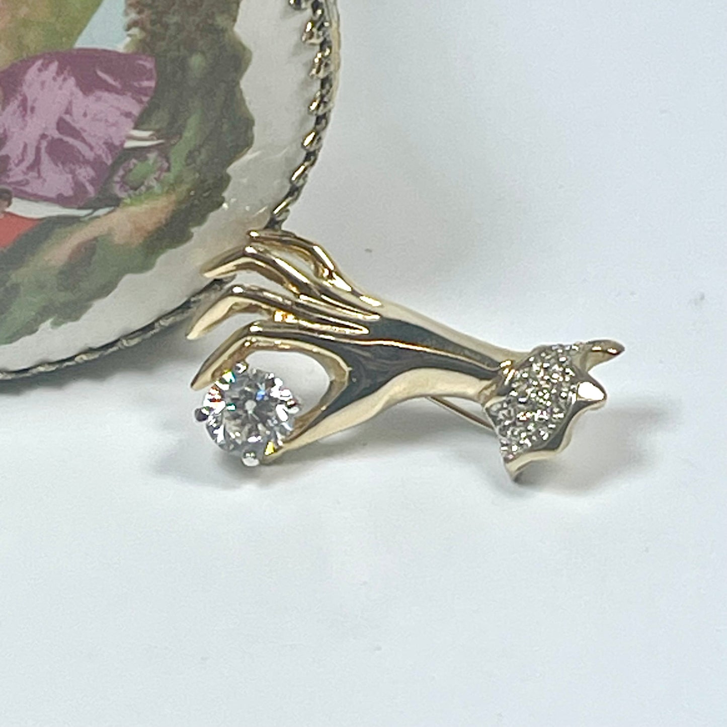 Vintage Brooch Victorian Era Pin Clear Ladies Hand Design Blue Sapphire & Clear Cubic Zirconia Antique Womans Jewelry