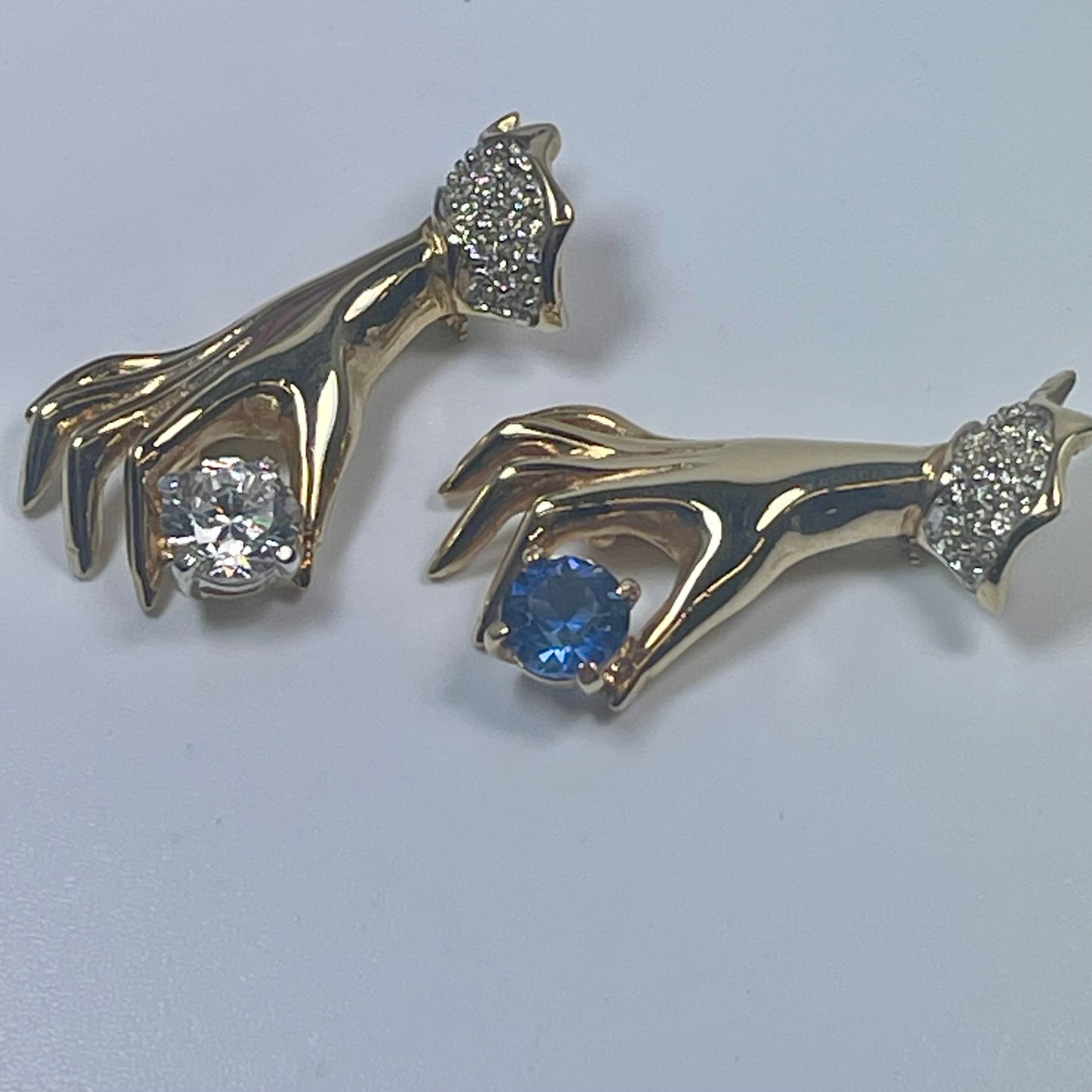 Vintage Brooch Victorian Era Pin Clear Ladies Hand Design Blue Sapphire & Clear Cubic Zirconia Antique Womans Jewelry