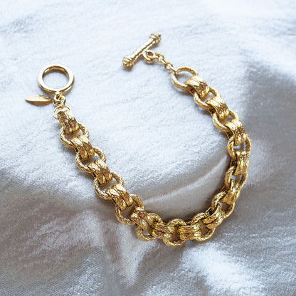 Vintage Ring Oscar De La Renta Yellow or White Gold Tone 8-1/2 Inch Textured Links Bracelet