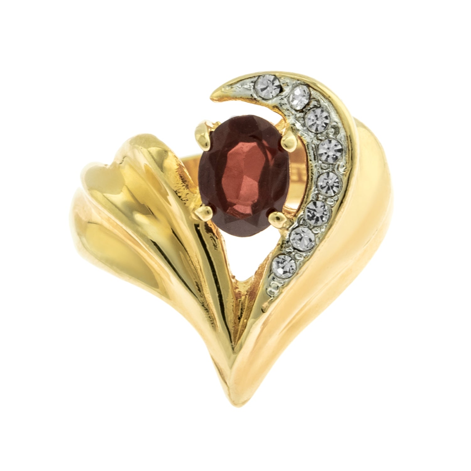 Vintage Ring Genuine Garnet and Clear Swarovski Crystals 18kt Yellow hot Gold Plated Size 7 only R2779