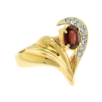 Vintage Genuine Garnet and Clear Austrian Crystal Ring 18k Yellow Gold Plated Made in USA