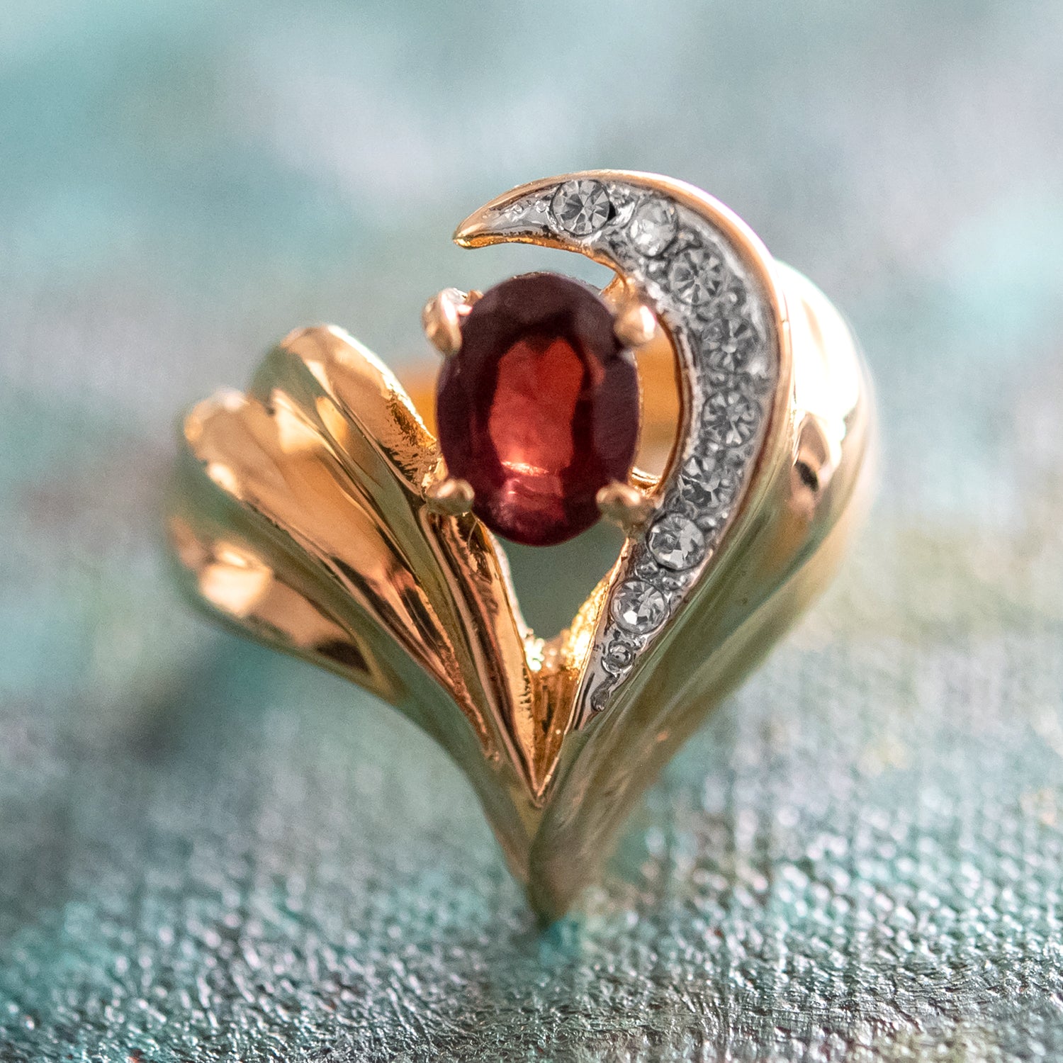 Vintage Genuine Garnet and Clear Austrian Crystal Ring 18k Yellow Gold Plated Made in USA