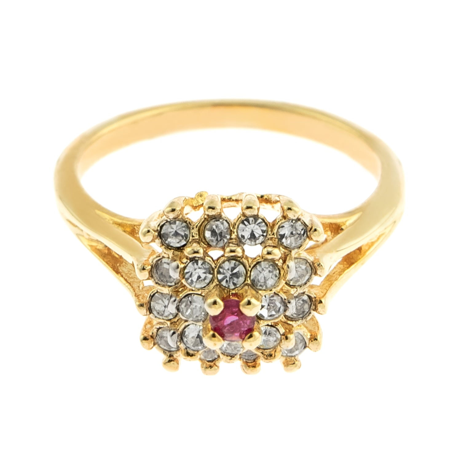 Vintage Genuine Ruby and Clear Austrian Crystal Ring 18k Yellow Gold Electroplated Made in USA