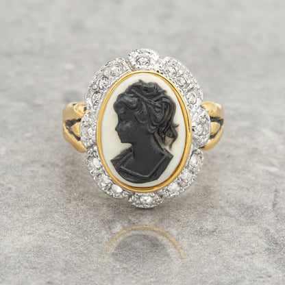 Vintage Ring 1970s 18k Antique White Gold Plated White on Cameo Ring Genuine Marcasite Womans Costume Handmade Jewelry #R1730