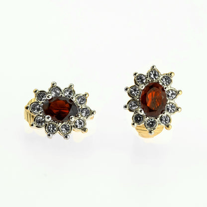 Vintage Genuine Garnet Surrounded by Austrian Crystal Clip Earrings 18k Yellow Gold Electroplated