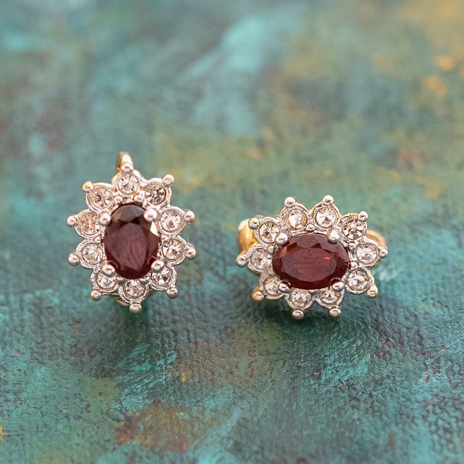Vintage Genuine Garnet Surrounded by Austrian Crystal Clip Earrings 18k Yellow Gold Electroplated