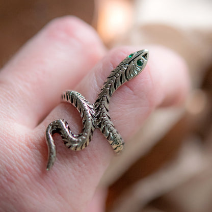 Vintage Snake Ring Emerald Austrian Crystal Eyes Antiqued 18k White Gold Electroplated