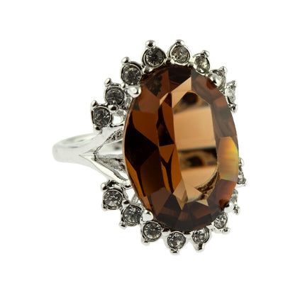 Vintage 1970's Ring Smokey Topaz and Clear Austrian Crystals 18k White Gold Plated Made in USA