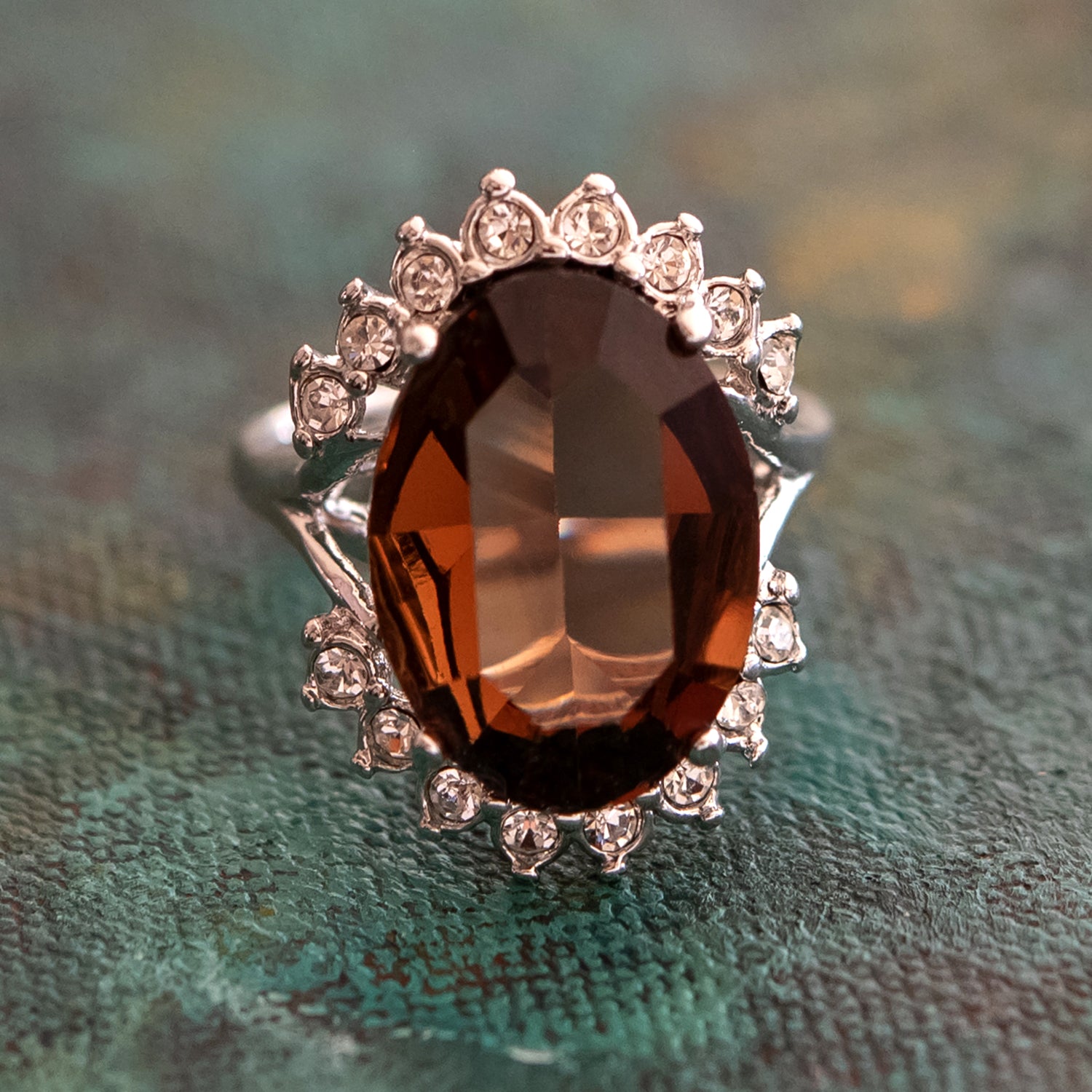 Vintage 1970's Ring Smokey Topaz and Clear Austrian Crystals 18k White Gold Plated Made in USA
