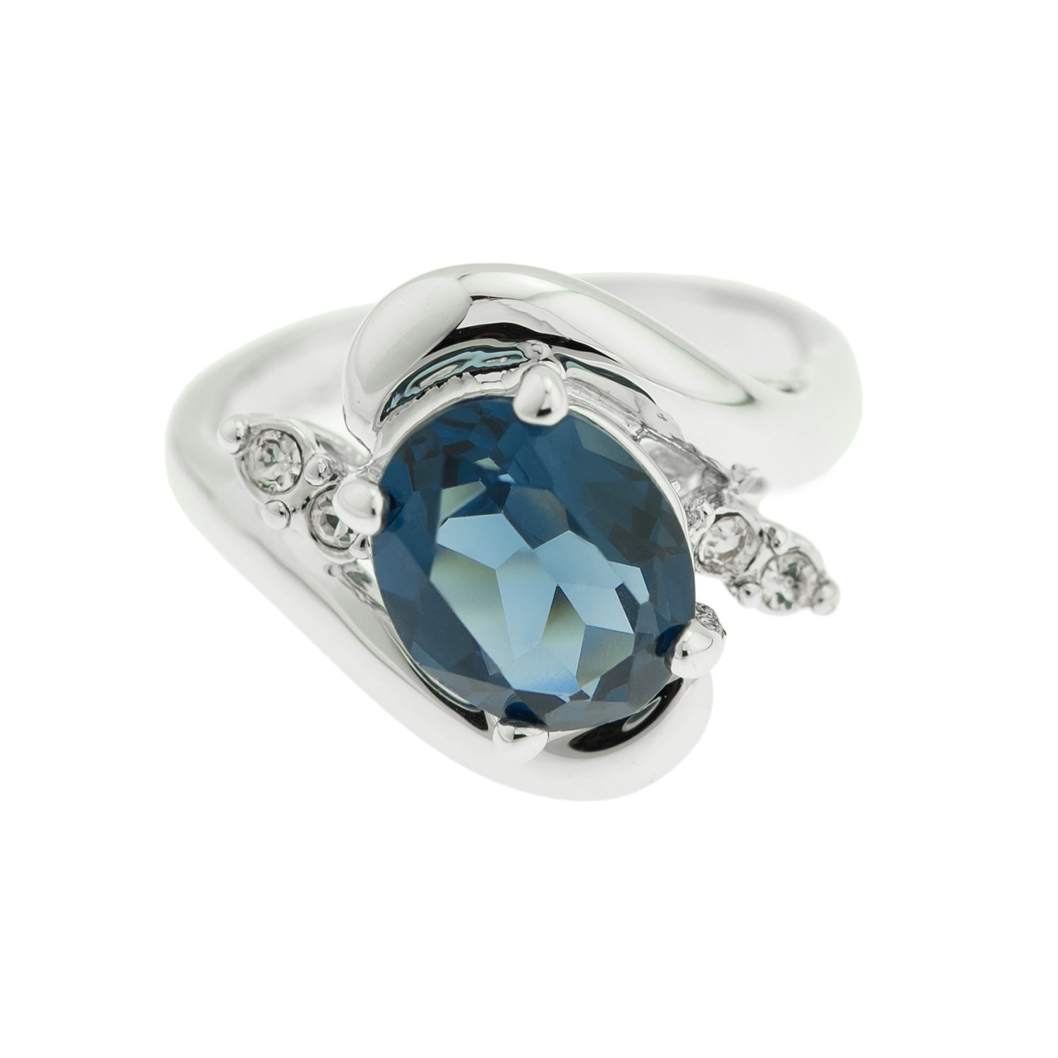 Sapphire and Clear Austrian Crystals 18kt White Gold Electroplated Ring Made in USA