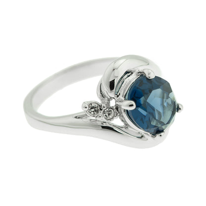 Sapphire and Clear Austrian Crystals 18kt White Gold Electroplated Ring Made in USA