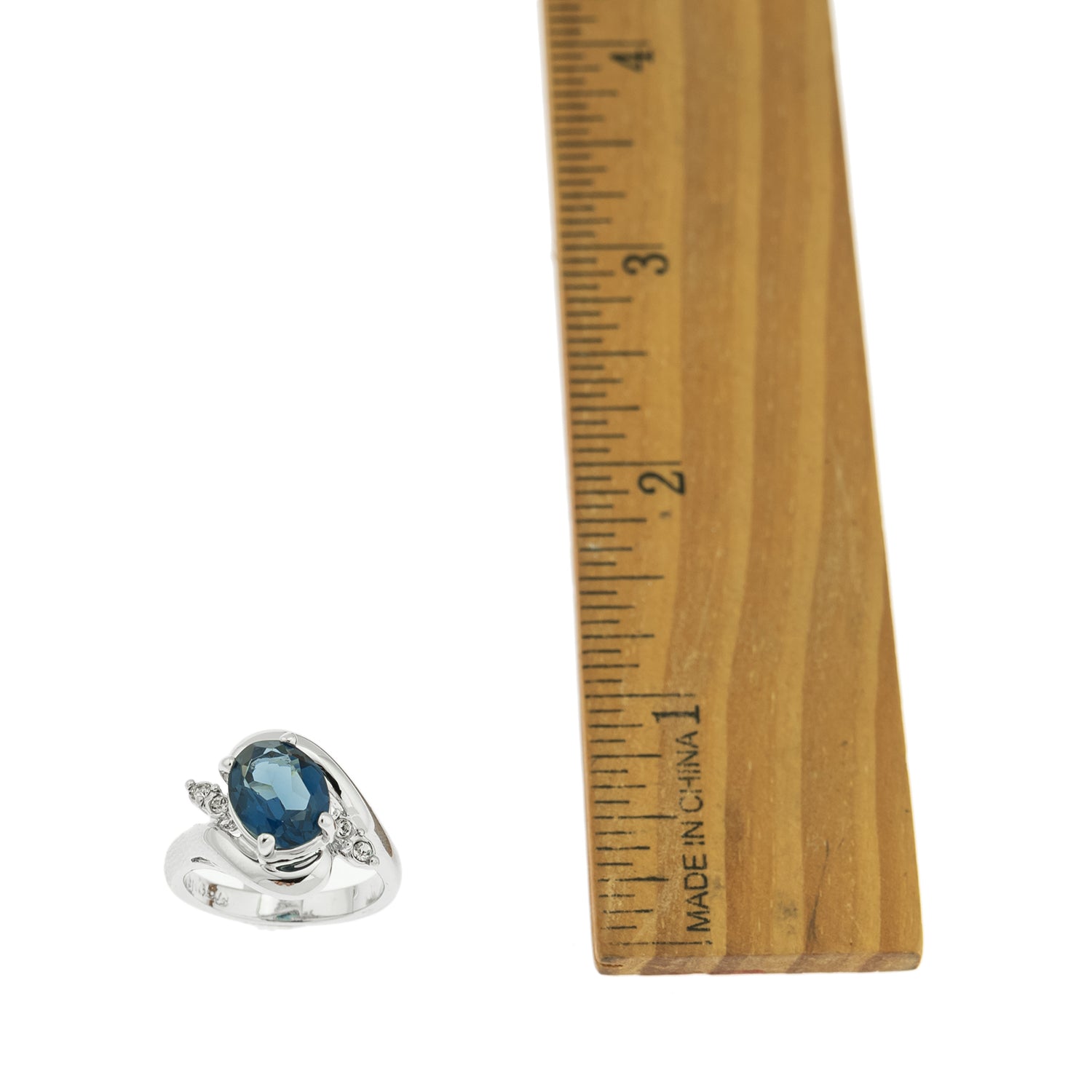 Sapphire and Clear Austrian Crystals 18kt White Gold Electroplated Ring Made in USA