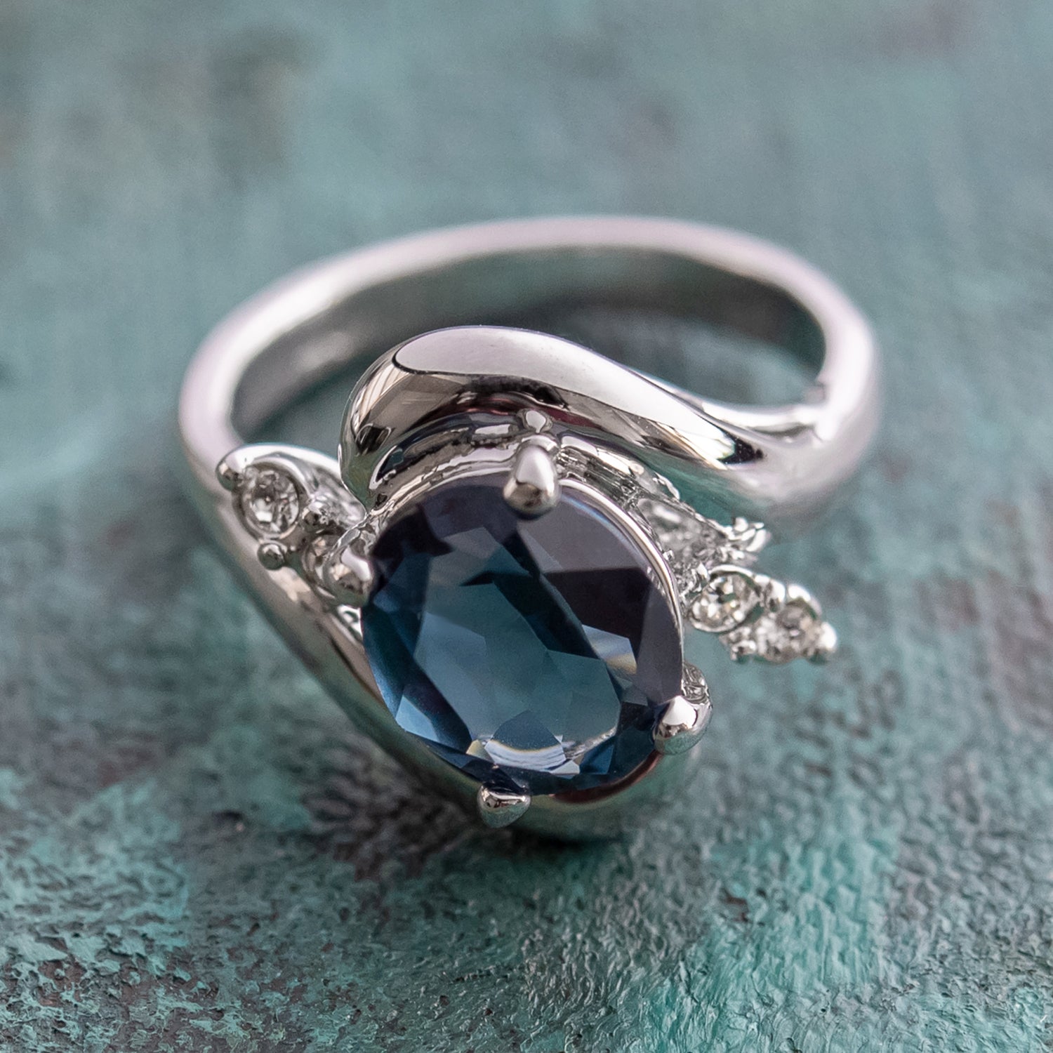 Sapphire and Clear Austrian Crystals 18kt White Gold Electroplated Ring Made in USA