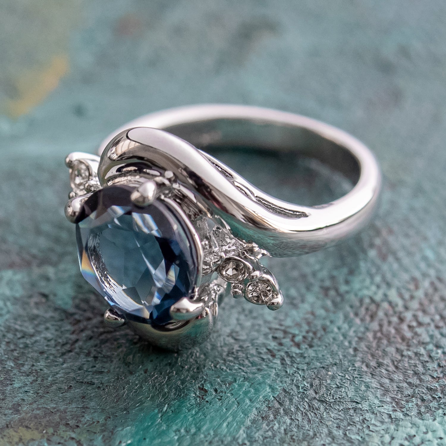 Sapphire and Clear Austrian Crystals 18kt White Gold Electroplated Ring Made in USA