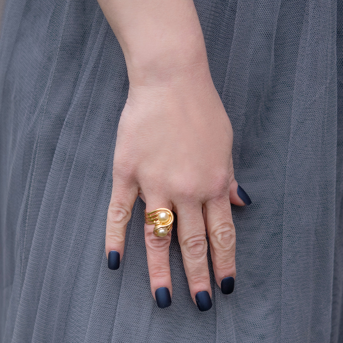 Vintage 1970's Cream Glass Pearl Ring 18k Yellow Gold Electroplated Made in USA
