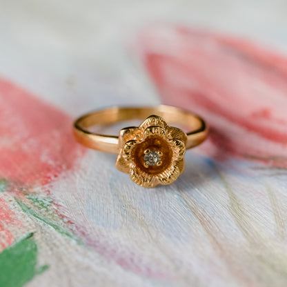 Vintage Flower Ring Clear Crystal 18k Yellow Gold Electroplated