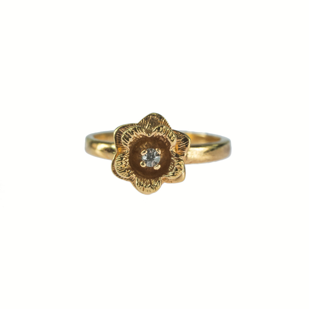 Vintage Flower Ring Clear Crystal 18k Yellow Gold Electroplated