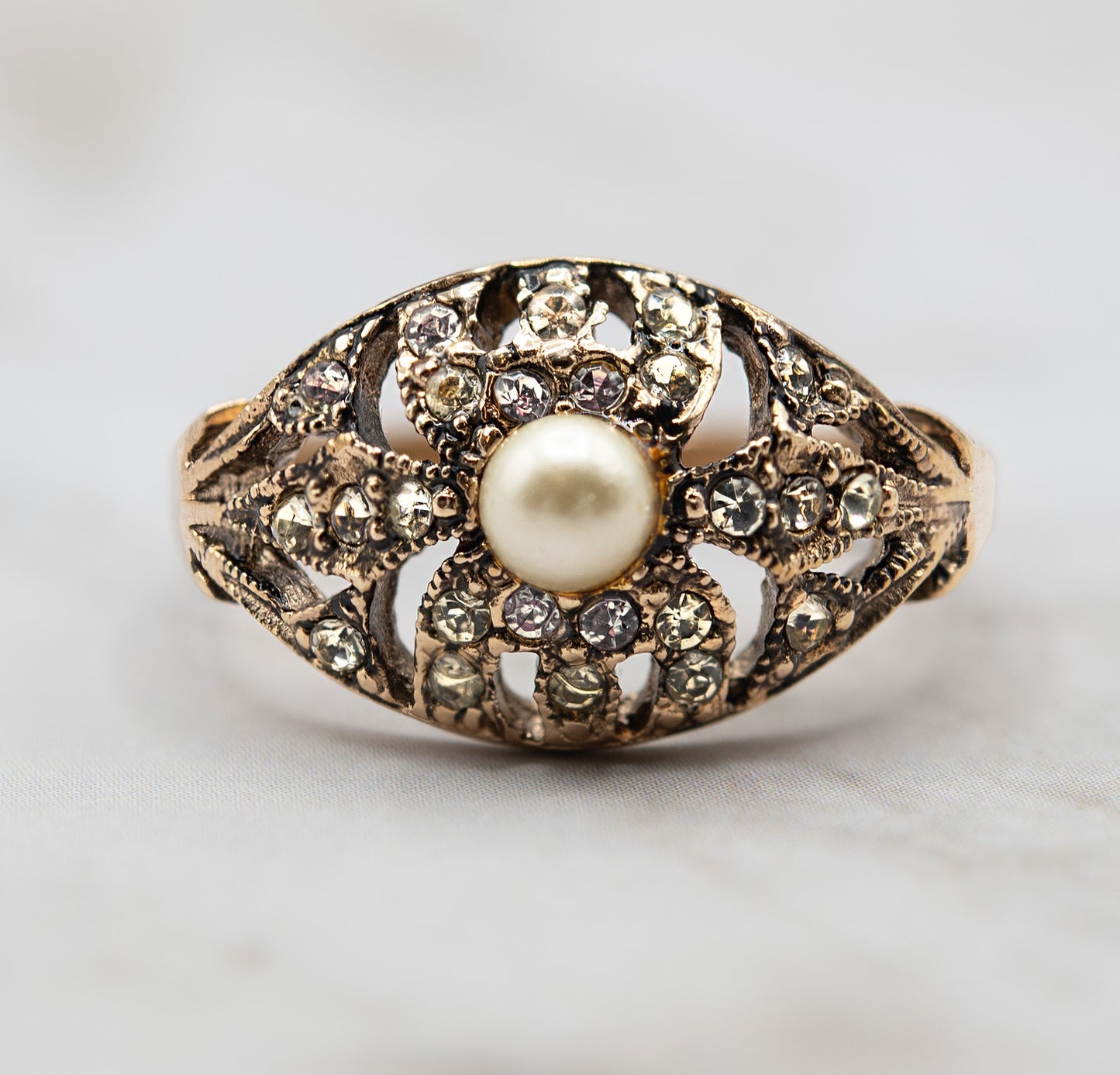 Vintage Ring 18k White Gold Electroplated Edwardian Style Austrian Crystals Princess Ring Gold Statement Womans Rings Antique Jewlery