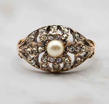 Vintage Ring 18k White Gold Electroplated Edwardian Style Austrian Crystals Princess Ring Gold Statement Womans Rings Antique Jewlery