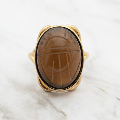 Vintage 1970s Scarab Beetle Genuine Carnelian Stone Yellow Gold Electroplated Ring Made in USA