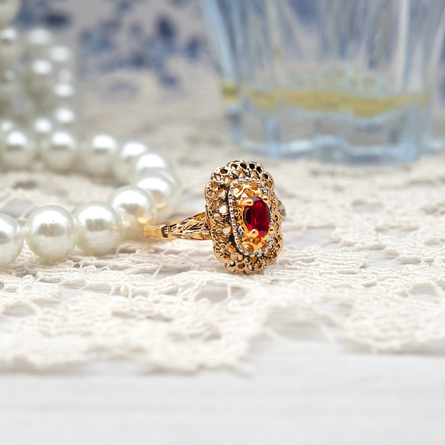 Vintage Womens Ring Austrian Crystal 18k Gold Filigree Cocktail Ring Made in USA Never Worn Antique Women's Gold Rings