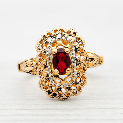 Vintage Womens Ring Austrian Crystal 18k Gold Filigree Cocktail Ring Made in USA Never Worn Antique Women's Gold Rings