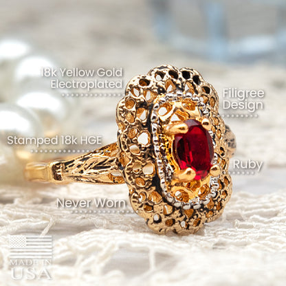 Vintage Womens Ring Austrian Crystal 18k Gold Filigree Cocktail Ring Made in USA Never Worn Antique Women's Gold Rings