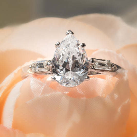 Vintage Ring Pear Cubic Zirconia Engagement Style Ring 18k White Gold Silver Antique Womans Engagement R1897 Size: 10